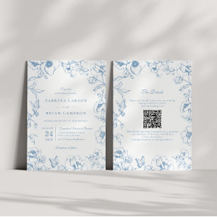 Elegante Staubblaue Blumengarten-QR-Code-Hochzeit Einladung