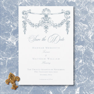 Elegante staubblaue Chinoiserie-Engel-Hochzeit Save The Date