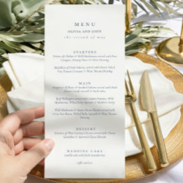 Elegante staubblaue Doppelseitige Hochzeitsschrift Menükarte