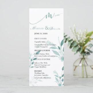 Elegante Staubblaue Eukalyptus-Teal-Blumenhochzeit Menükarte