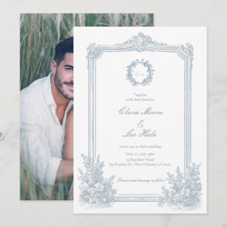 Elegante staubblaue floral gerahmte Hochzeitsfotog Einladung
