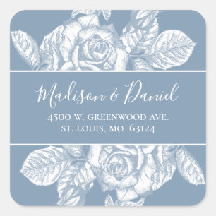 Elegante staubblaue florale Hochzeit-Rücksendeadre Quadratischer Aufkleber