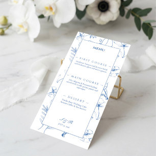 Elegante staubblaue florale Line-Art-Hochzeit Menükarte