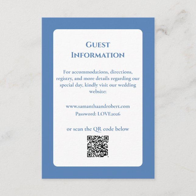 Elegante staubblaue florale Line-Art-QR-Code-Hochz Begleitkarte (Vorderseite)