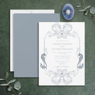 Elegante staubblaue florale Linienkunst-Monogramm- Einladung