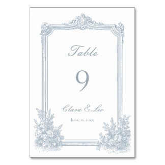 Elegante staubblaue florale Rand Hochzeit Tischnummer