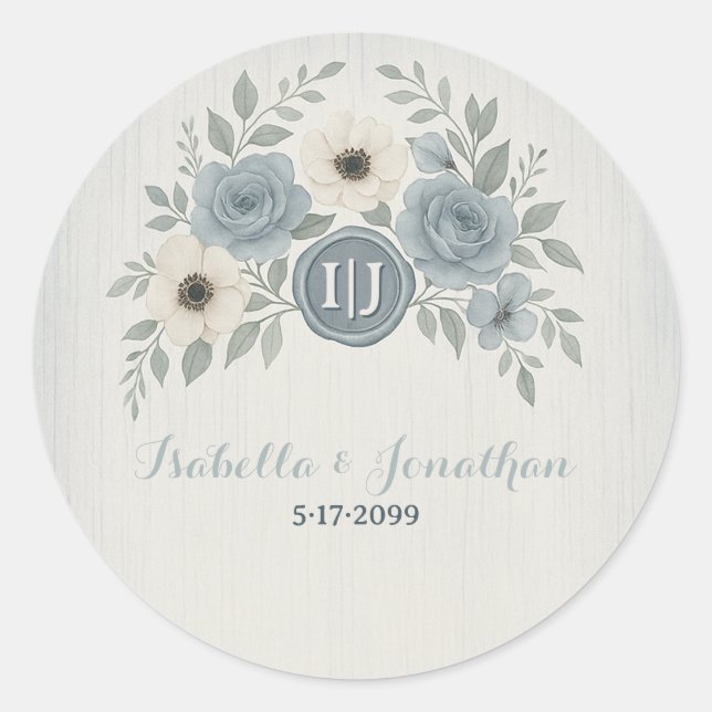 Elegante staubblaue florale Wachssiegel-Hochzeit Runder Aufkleber (Vorderseite)