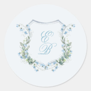 Elegante staubblaue florale Wappen Hochzeit Runder Aufkleber