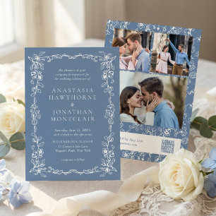 Elegante staubblaue Foto-Vintage-Hochzeit Einladung