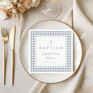 Elegante staubblaue Gingham-Taufe für Jungen Serviette