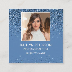 Elegante staubblaue Glitter-Foto-QR-Code  Quadratische Visitenkarte