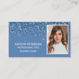Elegante staubblaue Glitter-Foto-QR-Code Visitenkarte
