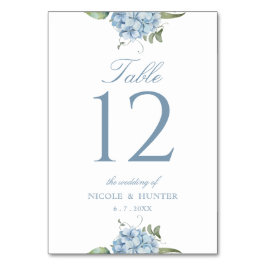 Elegante staubblaue Hortensien-Hochzeitstisch-Numm Tischnummer