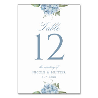 Elegante staubblaue Hortensien-Hochzeitstisch-Numm Tischnummer