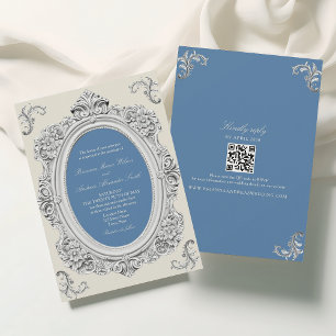 Elegante staubblaue Rokoko-Hochzeit Einladung