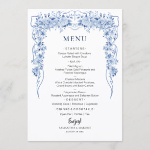 Elegante staubblaue Rosen-Bogen-Hochzeitsmenü Menükarte