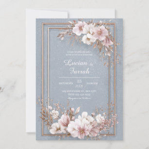 Elegante Staubblaue Rosen-Goldene Florale Hochzeit Einladung