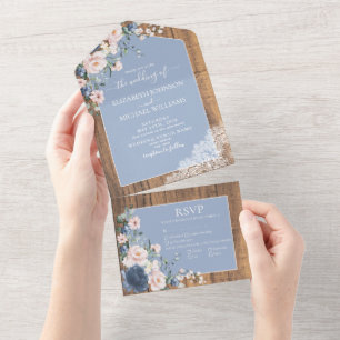 Elegante staubblaue Röte rustikale Spitze Hochzeit All In One Einladung