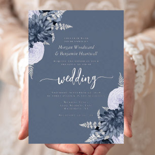 Elegante Staubblaue Silberne Blumige Hochzeit Folieneinladung