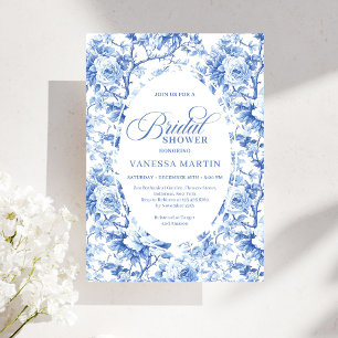 Elegante staubblaue Toile de Jouy Brautparty Einladung
