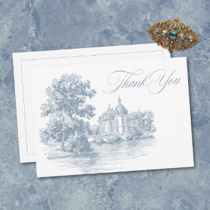 Elegante staubblaue Toile French Manor Hochzeit Dankeskarte