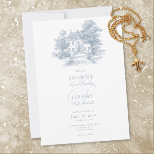 Elegante staubblaue Toile French Manor Hochzeit Einladung