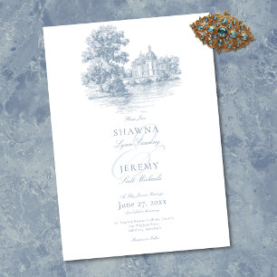 Elegante staubblaue Toile French Manor Hochzeit Einladung