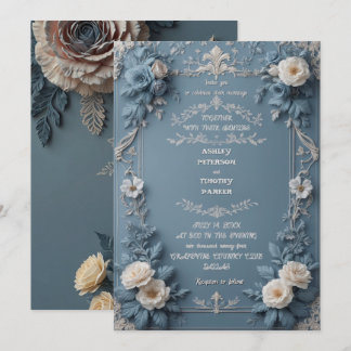 Elegante staubblaue Vintage-Blumen-Hochzeitseinlad Einladung