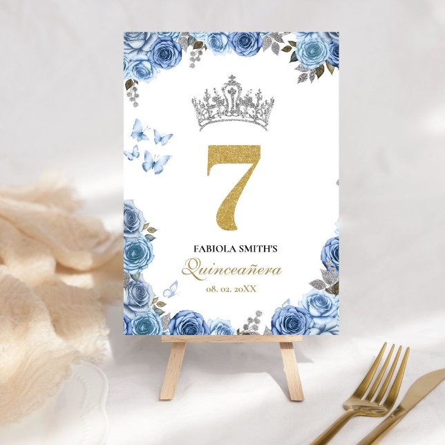 Elegante staubige Blau- und Goldquinceanera Tischnummer (Von Creator hochgeladen)