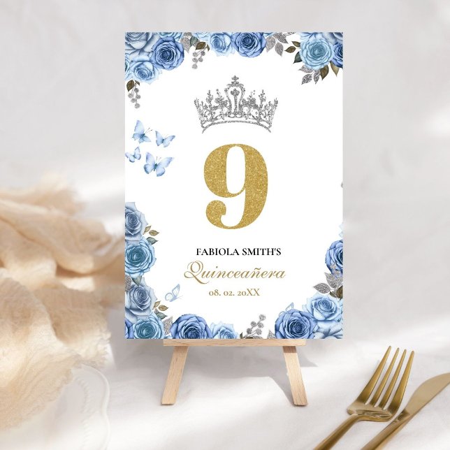 Elegante staubige Blau- und Goldquinceanera Tischnummer (Von Creator hochgeladen)