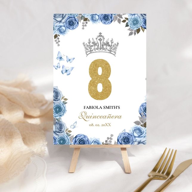 Elegante staubige Blau- und Goldquinceanera Tischnummer (Von Creator hochgeladen)