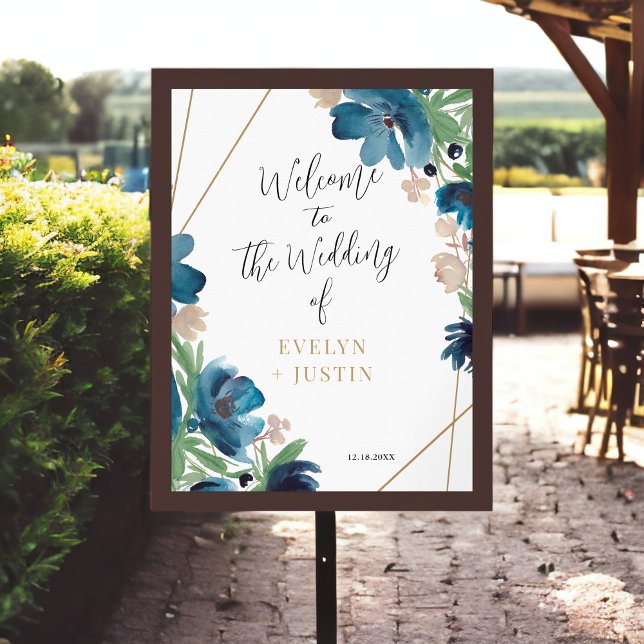 Elegante, staubige, blaue goldene Blumenhochzeit W Poster (Elegant dusty blue gold Floral Wedding Welcome Poster)