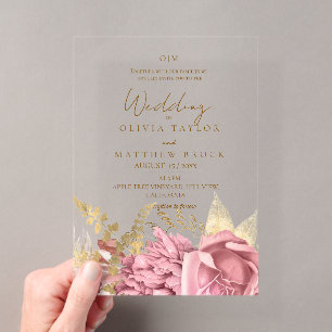 Elegante staubige Blush-Gold-Rosen-Blumenhochzeit Acryleinladungen