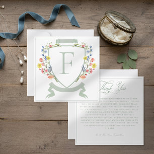 Elegante staubige Salbei-Pastell-Wildblumen-Wappen Dankeskarte