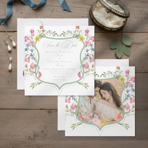 Elegante staubige Salbei-Wildblumen-Kamm-Foto-Hoch Save The Date
