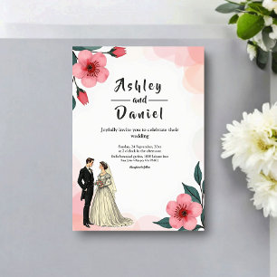 Elegante Staubrosa Braut und Bräutigam Florale Hoc Einladung