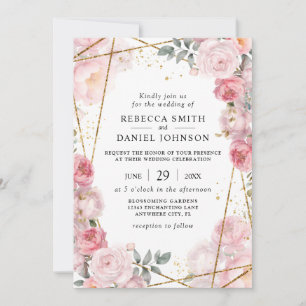 Elegante staubrosa Pink-Rosen und goldene geometri Einladung