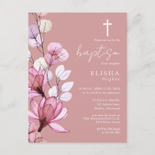 Elegante Staubrose Floral Monogramm Taufeinladung Postkarte
