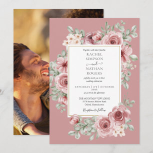 Elegante Staubrose Florale Goldene Hochzeitsfoto Einladung