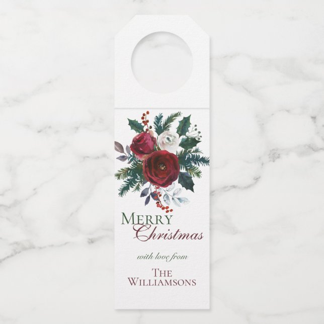 Elegante Stechpalmen-Beeren-rotes grünes Flaschenanhänger (Vorderseite)