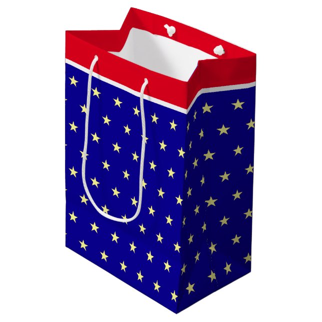 Elegante Sterne auf blau-rot-weiß Geschenktasche Mittlere Geschenktüte (Vorderseite Schrägansicht)