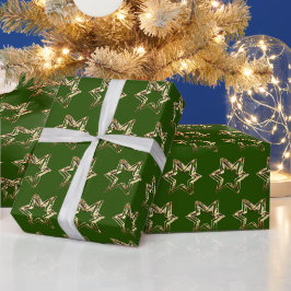 Elegante Sterne Muster Weihnachten Grün und Gold Geschenkpapier