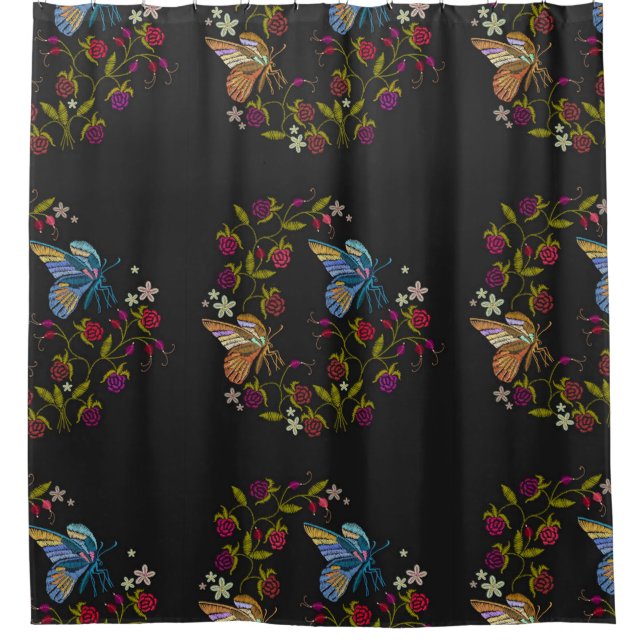 Elegante Stickereien Stilmuster Blume Butterfly Duschvorhang (Vorderseite)
