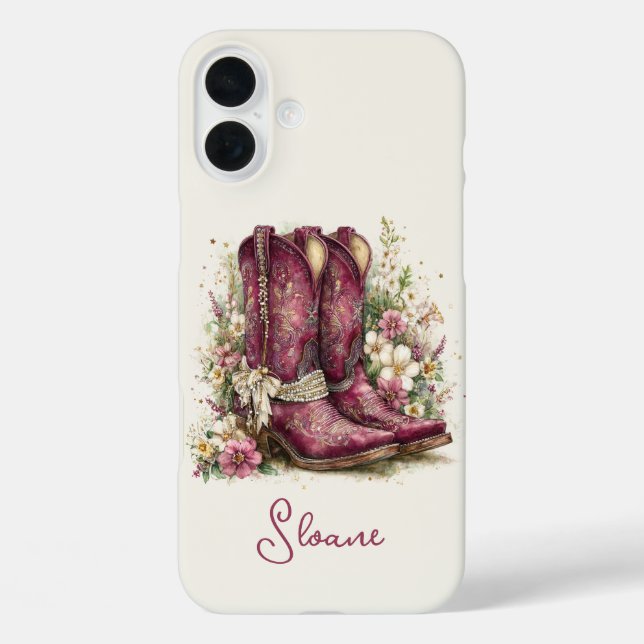 Elegante Stiefel mit Blumen monogrammiert iPhone 16 Plus Hülle (Rückseite)