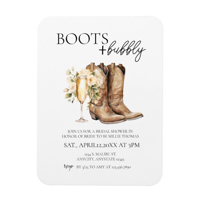 Elegante Stiefel und Bubbly Bridal Dusche Einladun Magnet (Vertikal)