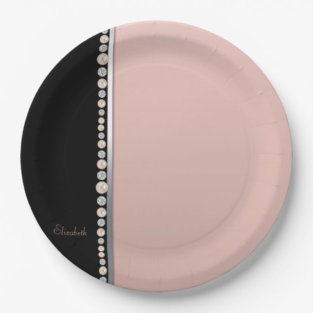 Elegante Stilftige Perlen Diamonds Black Pink Pappteller (Vorderseite)