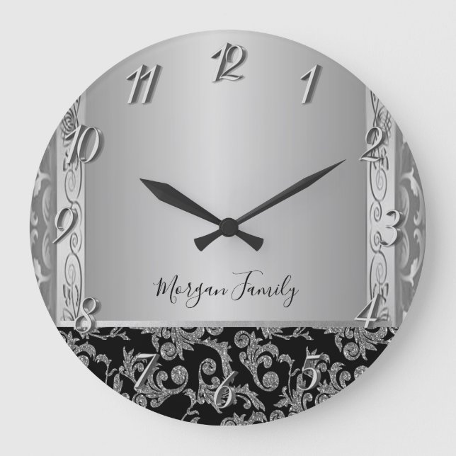 Elegante, stilvolle Black Silver Wirbel Große Wanduhr (Vorderseite)