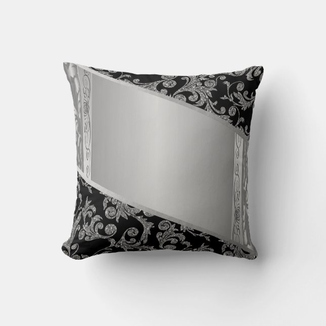 Elegante, stilvolle Black Silver Wirbel Kissen (Vorderseite)