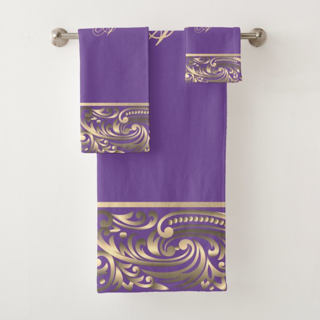 Elegante stilvolle Chic Gold Wirbel Monogram Viole Badhandtuch Set (Insitu)