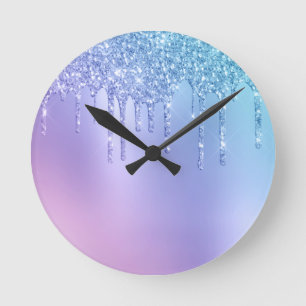 Elegante, stilvolle Kick-Blue & lila Glitzer Tropf Runde Wanduhr